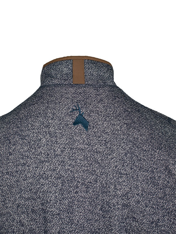 Close up of back neckline of the sweater with Huntech stags head logo in dark below just below the collar which features a vertical leather tab at the centre back. Shown in charcoal, this sweater ships from Australia.