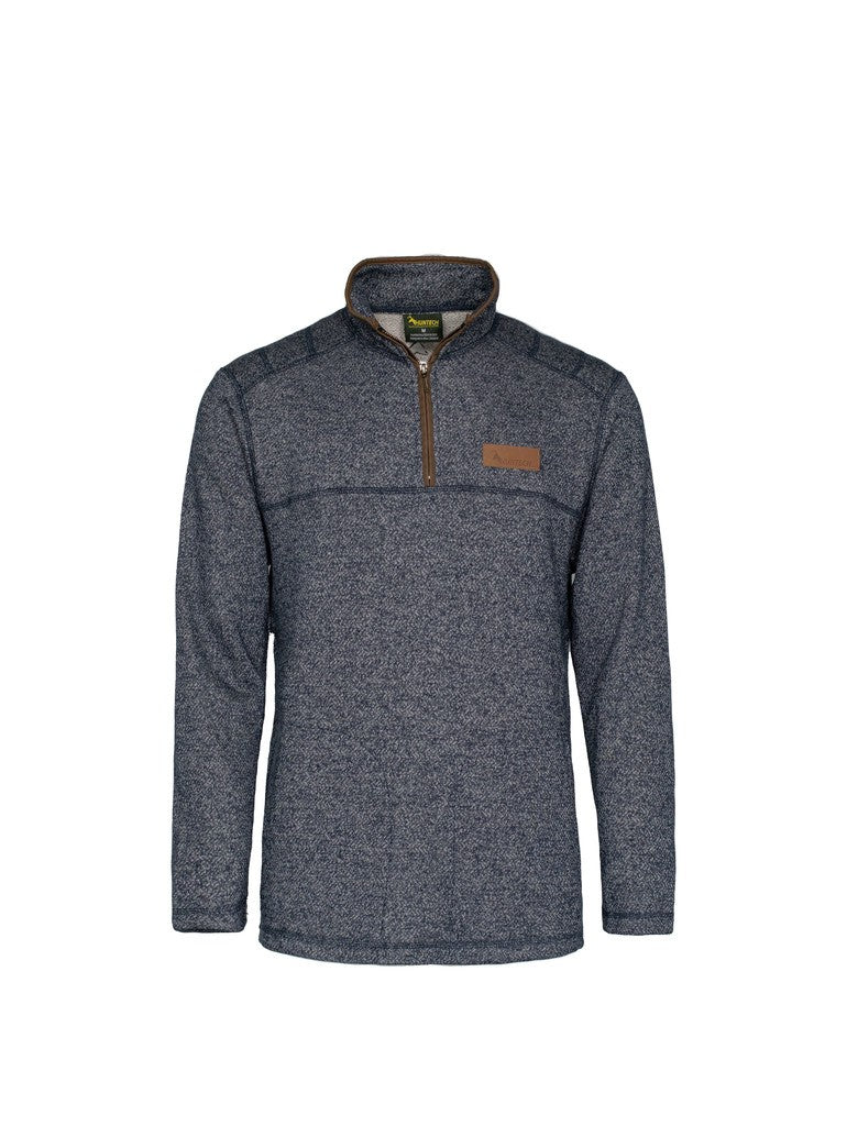 Front image of men's long sleeved knit sweater uses spliced jacquard knit design. Made from high-grade fabric and reinforced flatlock seams, it features a 1/4 zip and high collar with mid-brown leather trim on neckline. Left of yoke features Huntech logo embossed into leather panel. Ships from Australia. Shown in charcoal.