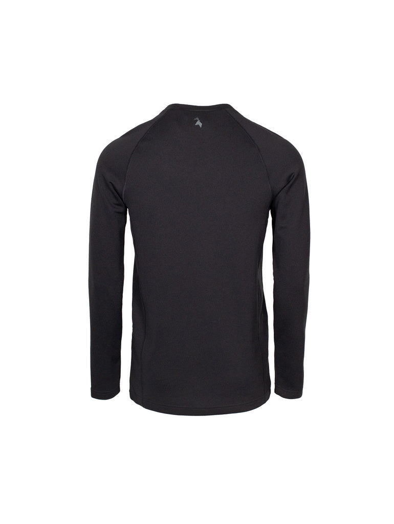 Back view of men’s slim fit, moisture wicking, merino long sleeved top in a 220 gsm 54% NZ Merino / 46% Nylon mix with a nylon outer and relaxed hem. Huntech stags head logo features just below collar in soft grey. Ships from Australia and shown in black