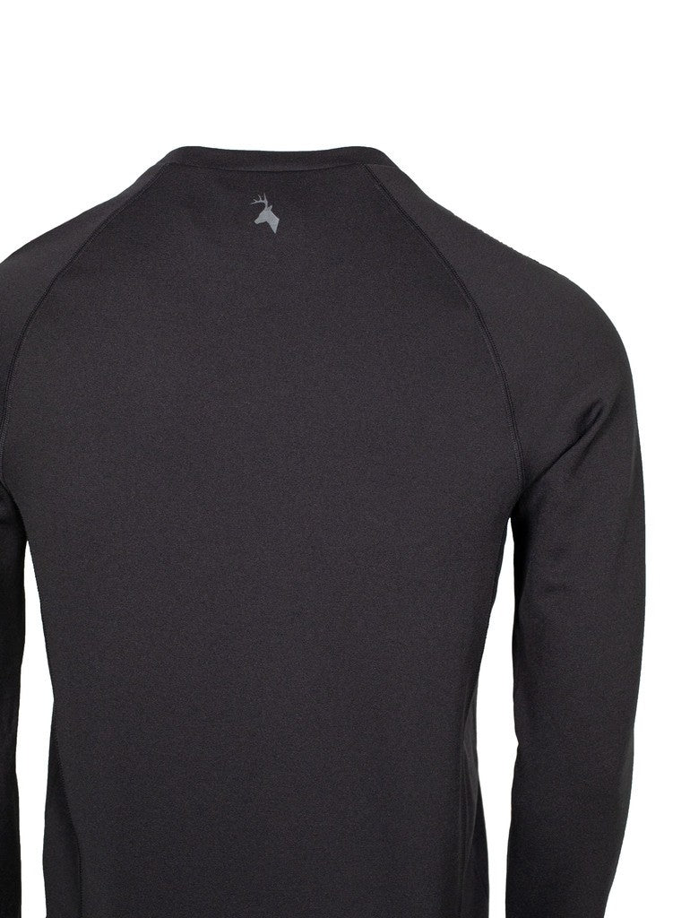 Close up of Huntech stags head logo just below collar in soft grey. Ships from Australia and shown in black