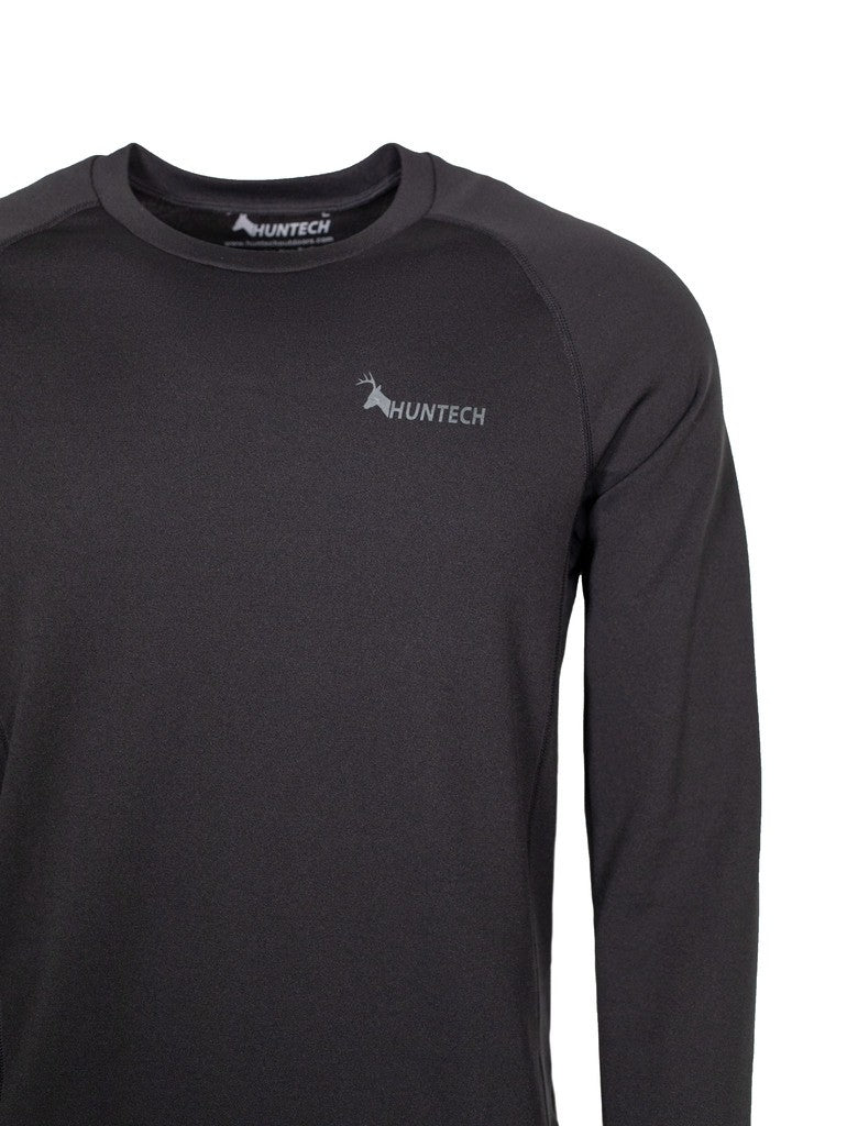 Close up of Huntech logo features on front left breast in soft grey. Ships from Australia and shown in black