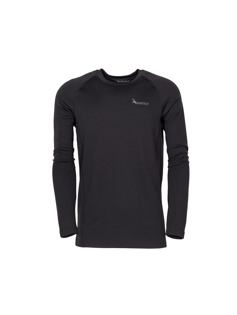 Front view of men’s slim fit, moisture wicking, merino long sleeved top in a 220 gsm 54% NZ Merino / 46% Nylon mix with a nylon outer and relaxed hem. Huntech logo features on front left breast in soft grey. Ships from Australia and shown in black