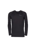 Front view of men’s slim fit, moisture wicking, merino long sleeved top in a 220 gsm 54% NZ Merino / 46% Nylon mix with a nylon outer and relaxed hem. Huntech logo features on front left breast in soft grey. Ships from Australia and shown in black