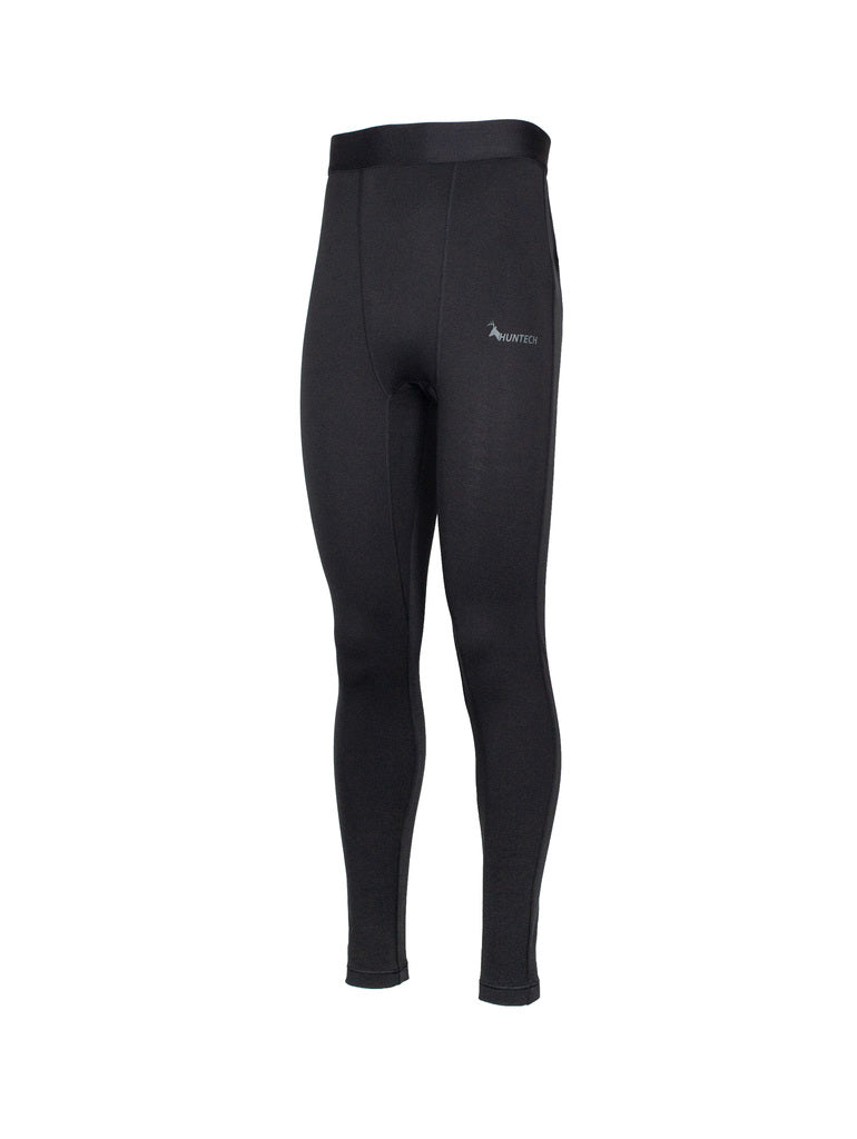 Three quarter left hand front view of men’s slim fit, moisture wicking, merino leggings in a 220 gsm 54% NZ Merino / 46% Nylon mix with a nylon outer. Shown in black with Huntech logo in a soft grey on side of left hip. Ships from Australia.