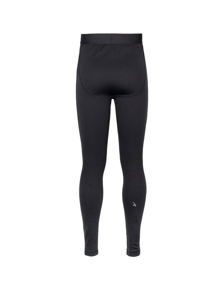 Back view of men’s slim fit, moisture wicking, merino leggings in a 220 gsm 54% NZ Merino / 46% Nylon mix with a nylon outer. Shown in black with Huntech stags head logo in a soft grey on the right calf. Ships from Australia.