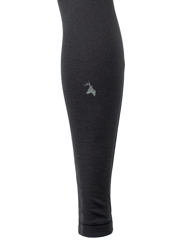 Close up of Huntech stags head logo on back of right calf in a soft grey.