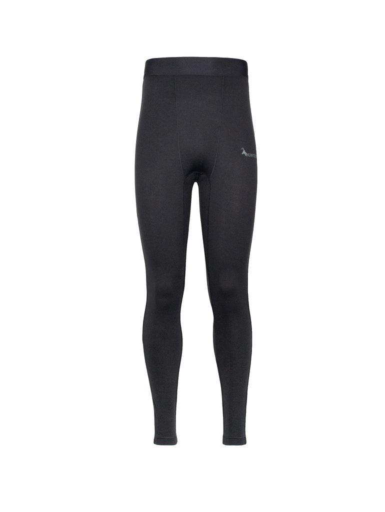 Men’s slim fit, moisture wicking, merino leggings in a 220 gsm 54% NZ Merino / 46% Nylon mix with a nylon outer. Shown in black with Huntech logo in soft grey on side of left hip. Ships from Australia.