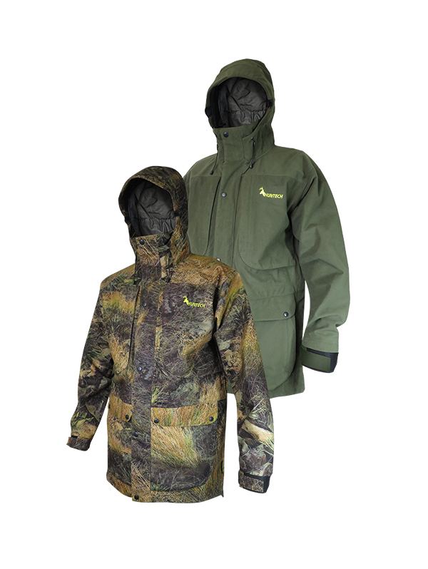 Front view of two men’s waterproof hunting jackets in brushed tricot fabric with a microlite outer, four large pockets and neoprene cuffs. Front closure with YKK 2 way full zip, this jacket is fully seam sealed. Ships from Australia and shown in high-country camo on the left and military green on the right with a Huntech logo in bright yellow on the left breast.