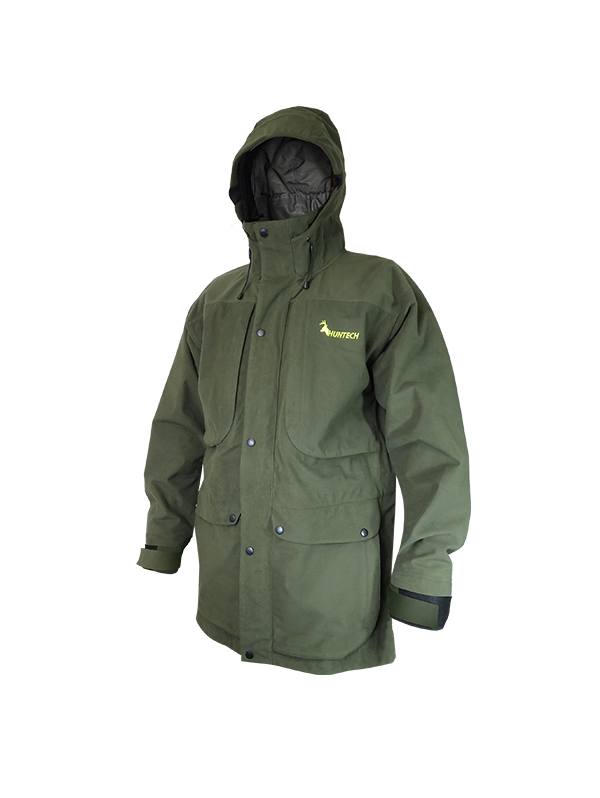 Front view of men’s waterproof hunting jacket in brushed tricot fabric with a microlite outer, four large pockets and neoprene cuffs. Front closure with YKK 2 way full zip, this jacket is fully seam sealed. Ships from Australia and is shown in military green with a Huntech logo in bright yellow on the left breast.