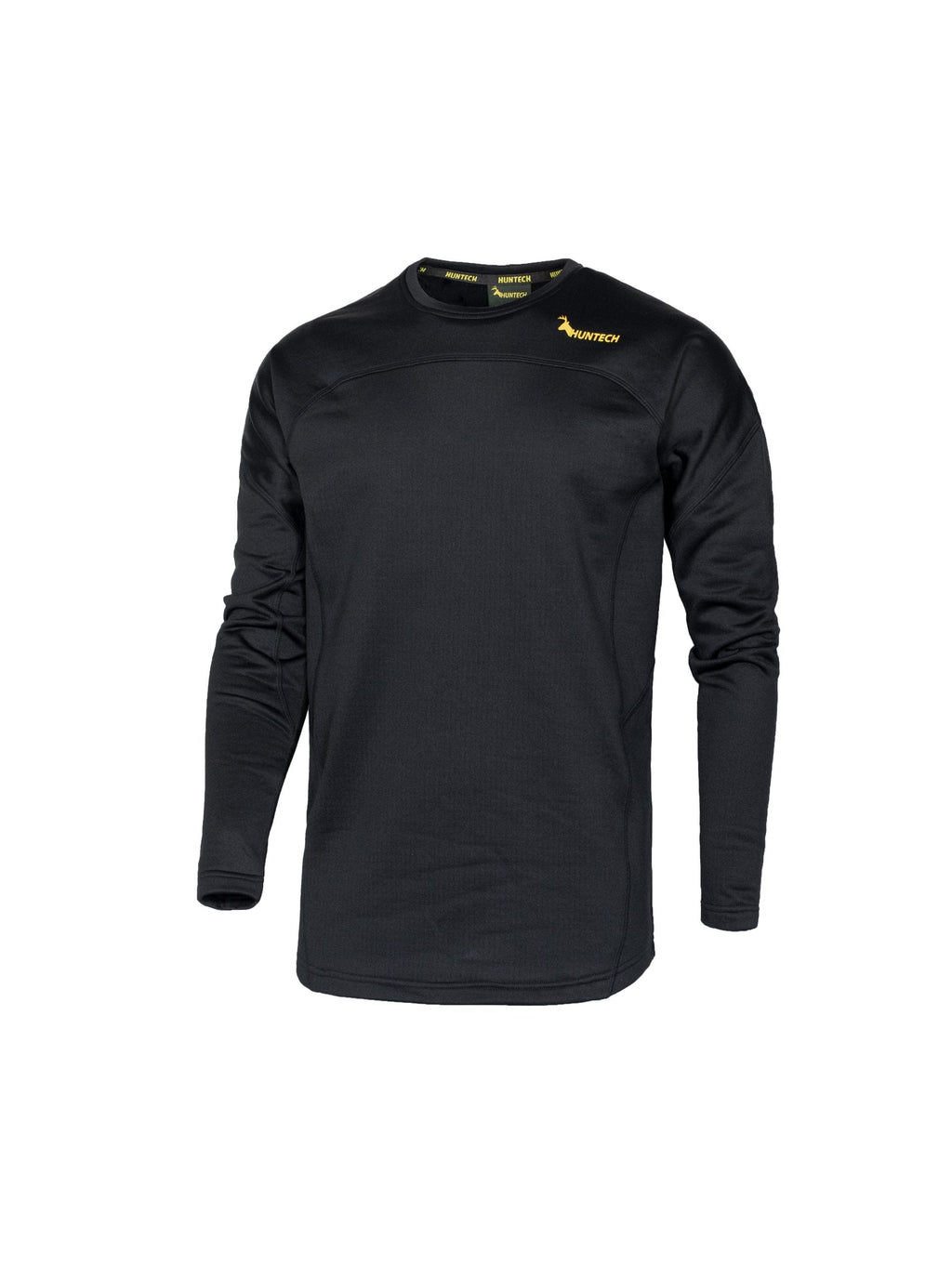 Front view of men’s snug fit long-sleeved thermal top for layering. Easy care highly technical thermal base layer comprising 230 gsm, 94% Recycled Polyester / 6% Spandex fabric, with flat locked seams to minimise skin irritation and articulated panels for performance. Features Huntech logo in yellow on yoke just below shoulder line. Ships from Australia and shown in black.
