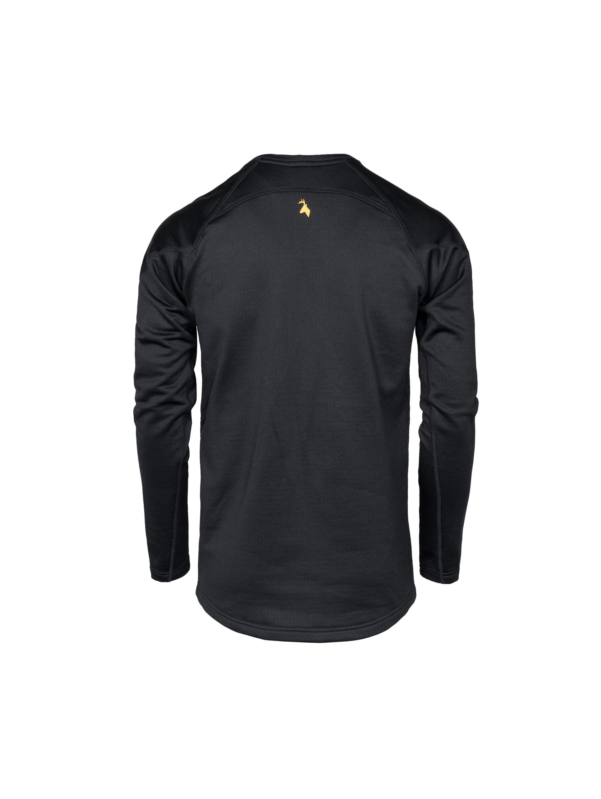Back view of men’s snug fit long-sleeved thermal top for layering. Easy care highly technical thermal base layer comprising 230 gsm, 94% Recycled Polyester / 6% Spandex fabric, with flat locked seams to minimise skin irritation and articulated panels for performance. Features Huntech stags head logo just below centre back neckline. Ships from Australia and shown in black.