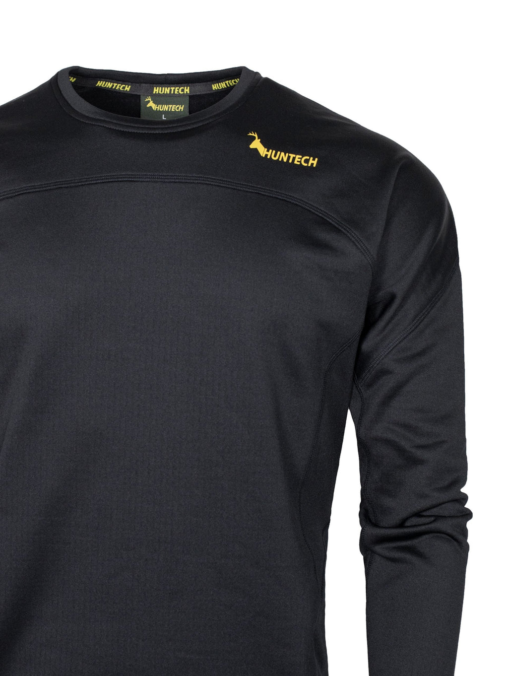 Close up of Huntech logo in yellow on front left of yoke. Shirt is in black.