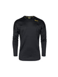 Front view of men’s snug fit long-sleeved thermal top for layering. Easy care highly technical thermal base layer comprising 230 gsm, 94% Recycled Polyester / 6% Spandex fabric, with flat locked seams to minimise skin irritation and articulated panels for performance. Features Huntech logo in yellow on yoke just below shoulder line. Ships from Australia and shown in black.