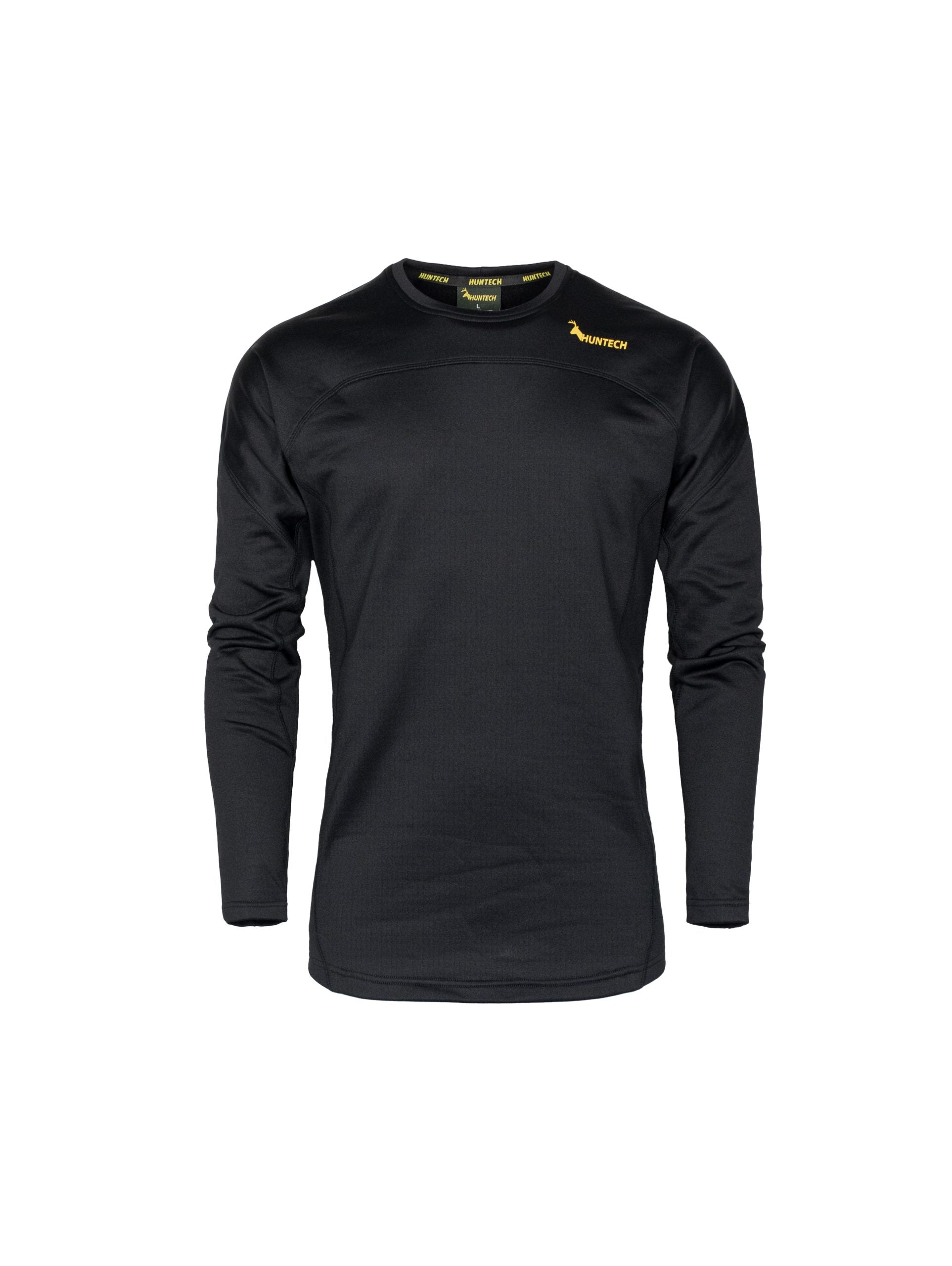 Front view of men’s snug fit long-sleeved thermal top for layering. Easy care highly technical thermal base layer comprising 230 gsm, 94% Recycled Polyester / 6% Spandex fabric, with flat locked seams to minimise skin irritation and articulated panels for performance. Features Huntech logo in yellow on yoke just below shoulder line. Ships from Australia and shown in black.