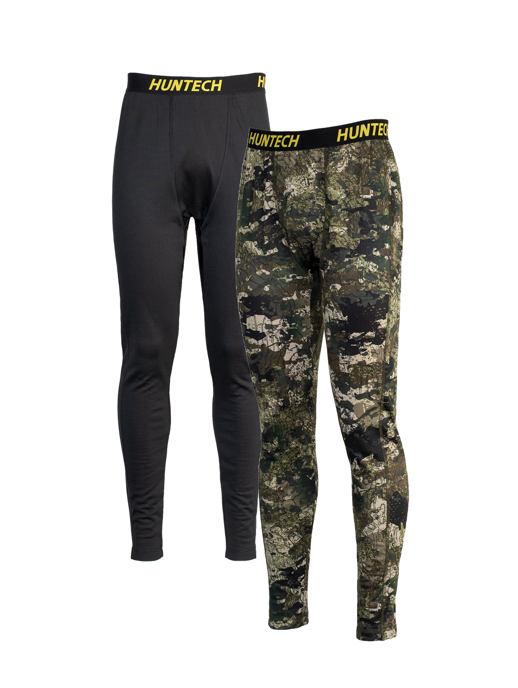 Two pair of men’s snug fit leggings for layering. Easy care highly technical thermal base layer comprising 230 gsm, 94% Recycled Polyester / 6% Spandex fabric, with flat locked seams to minimise skin irritation and articulated panels for performance. Features black elastic waist band with Huntech logo in yellow. Ships from Australia and shown in black on the left and karariki camo pattern on the right.