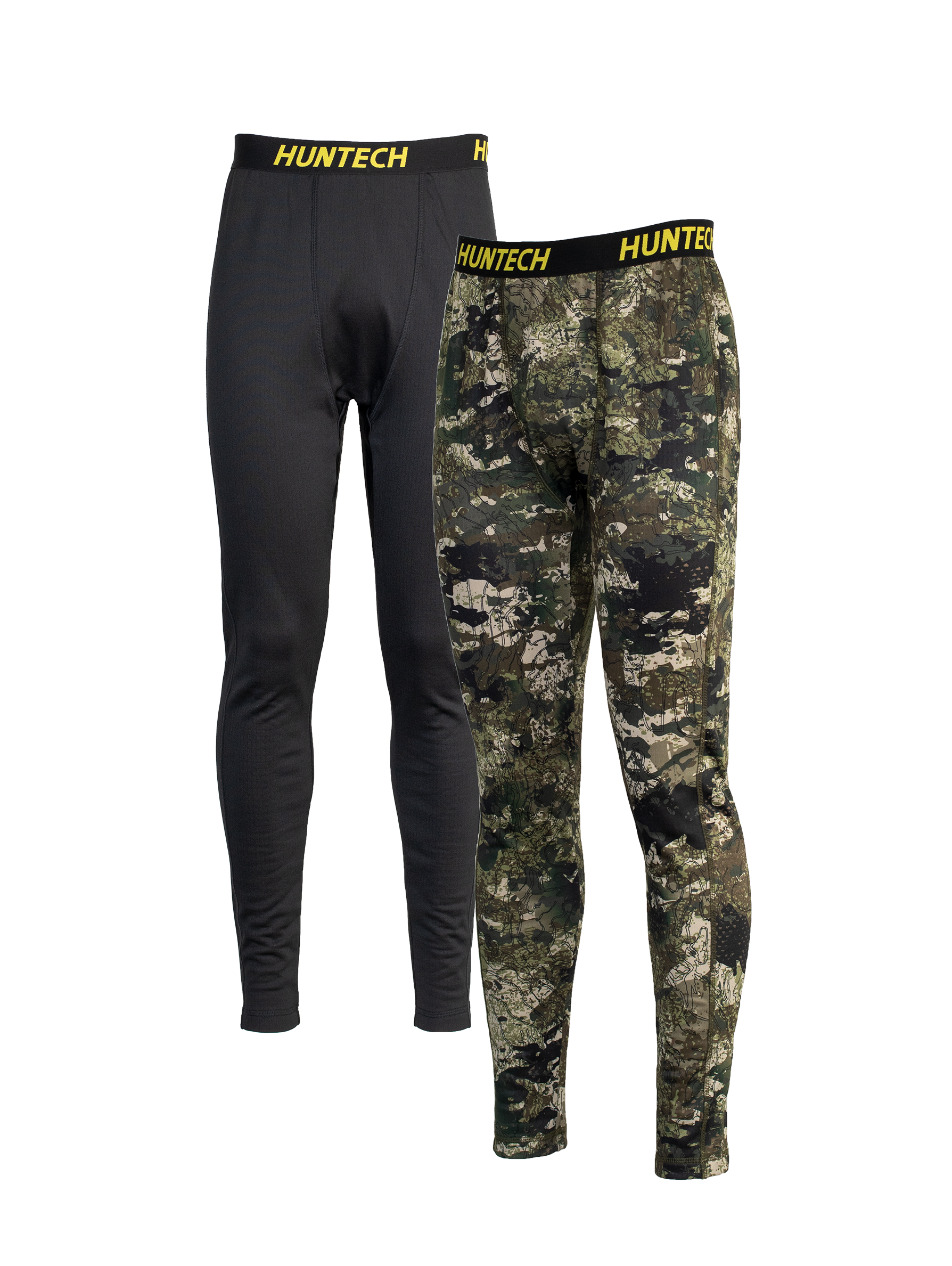 Two pair of men’s snug fit leggings for layering. Easy care highly technical thermal base layer comprising 230 gsm, 94% Recycled Polyester / 6% Spandex fabric, with flat locked seams to minimise skin irritation and articulated panels for performance. Features black elastic waist band with Huntech logo in yellow. Ships from Australia and shown in black on the left and karariki camo pattern on the right.