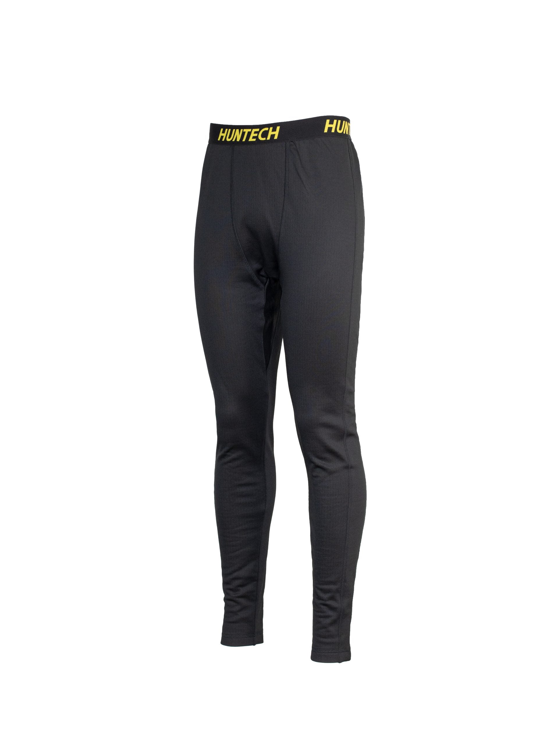 Three quarter front view of men’s snug fit leggings for layering. Easy care highly technical thermal base layer comprising 230 gsm, 94% Recycled Polyester / 6% Spandex fabric, with flat locked seams to minimise skin irritation and articulated panels for performance. Features black elastic waist band with Huntech logo in yellow. Ships from Australia and shown in black.