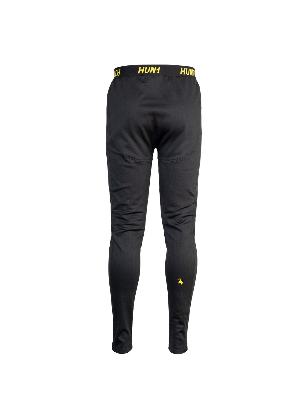 Back view of men’s snug fit leggings for layering. Easy care highly technical thermal base layer comprising 230 gsm, 94% Recycled Polyester / 6% Spandex fabric, with flat locked seams to minimise skin irritation and articulated panels for performance. Features black elastic waist band with Huntech logo in yellow and Huntech stags head logo in yellow on back of right calf. Ships from Australia and shown in black.