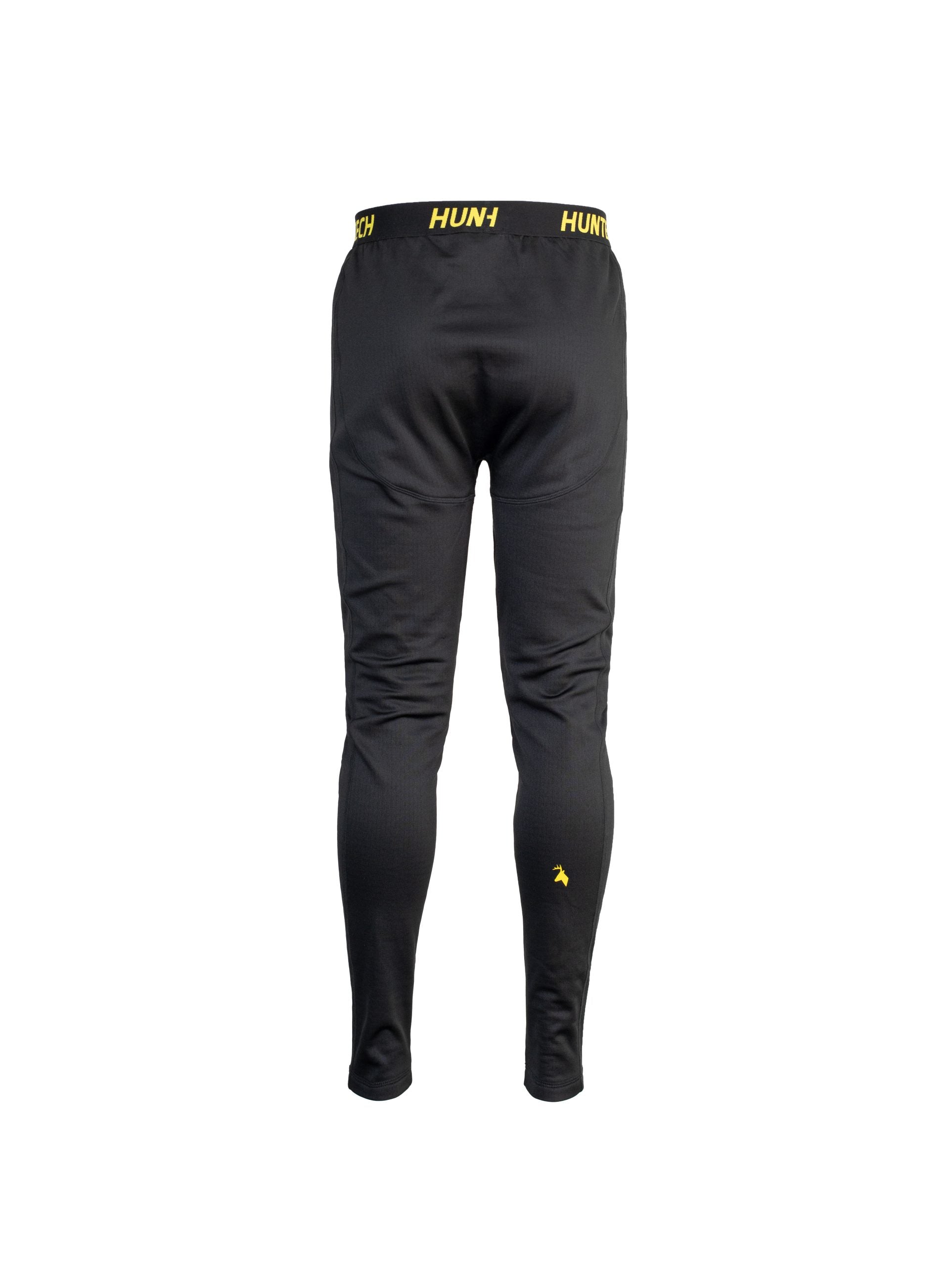 Back view of men’s snug fit leggings for layering. Easy care highly technical thermal base layer comprising 230 gsm, 94% Recycled Polyester / 6% Spandex fabric, with flat locked seams to minimise skin irritation and articulated panels for performance. Features black elastic waist band with Huntech logo in yellow and Huntech stags head logo in yellow on back of right calf. Ships from Australia and shown in black.