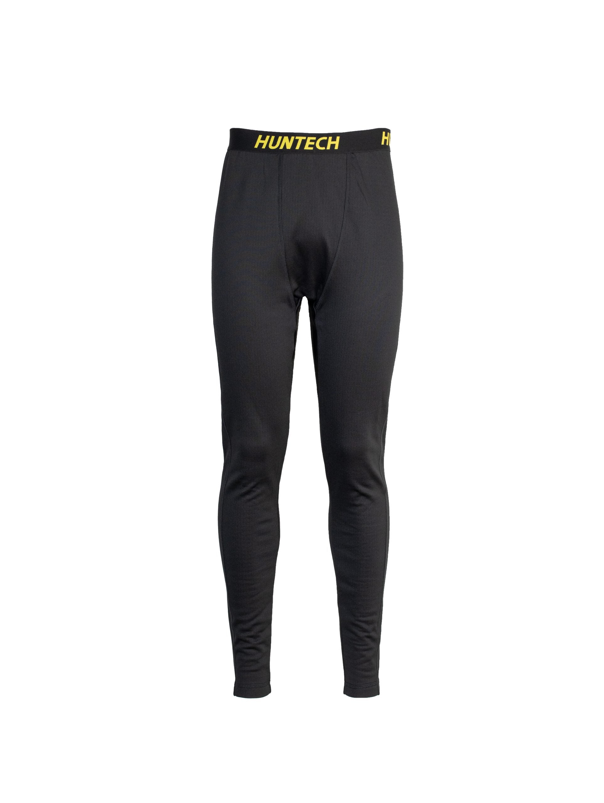 Front view of men’s snug fit leggings for layering. Easy care highly technical thermal base layer comprising 230 gsm, 94% Recycled Polyester / 6% Spandex fabric, with flat locked seams to minimise skin irritation and articulated panels for performance. Features black elastic waist band with Huntech logo in yellow. Ships from Australia and shown in black.