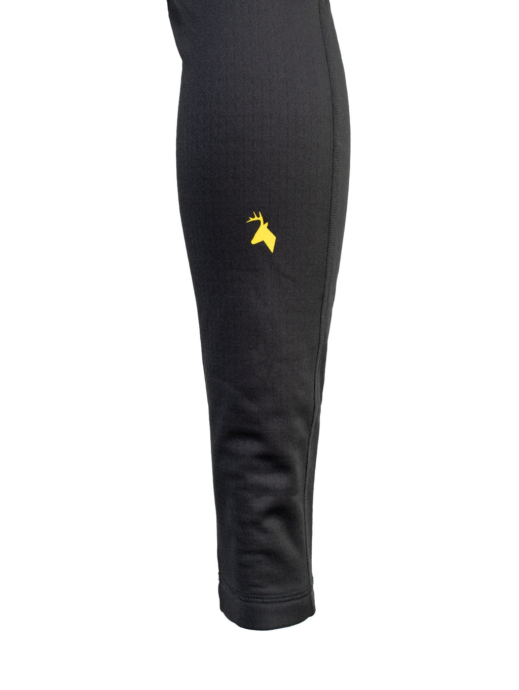 Close up of Huntech stags head logo on back of right calf in yellow. Shown in black.