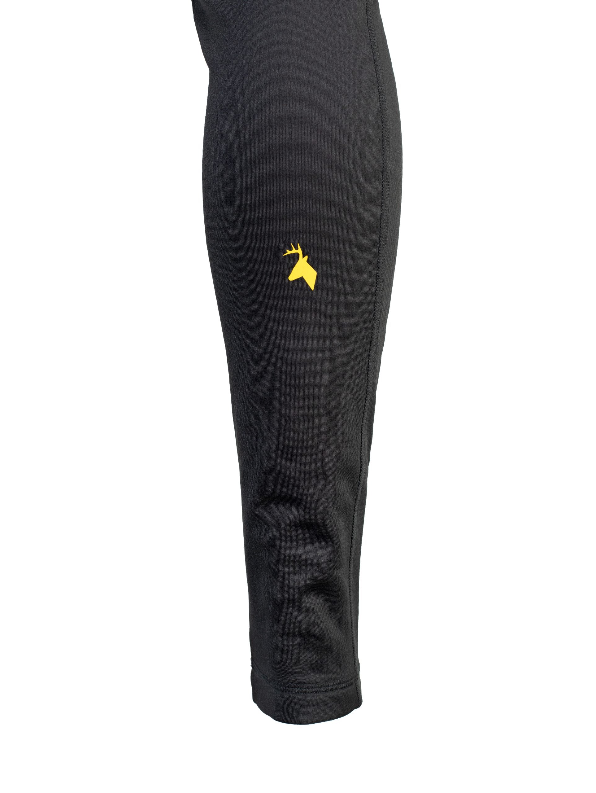 Close up of Huntech stags head logo on back of right calf in yellow. Shown in black.