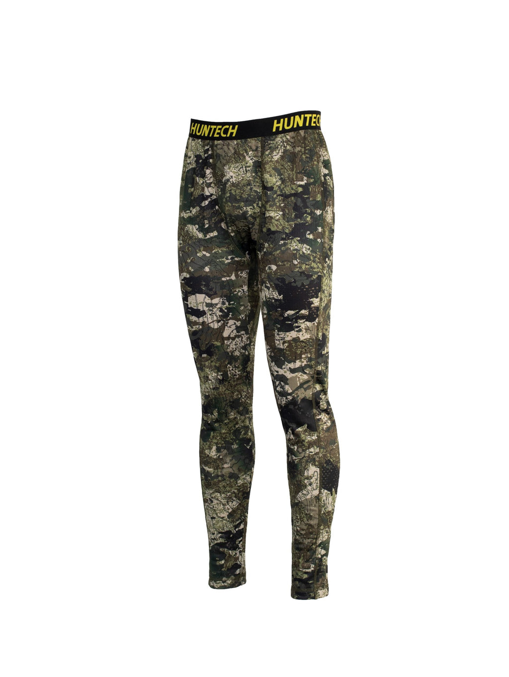 Three quarter front view of men’s snug fit leggings for layering. Easy care highly technical thermal base layer comprising 230 gsm, 94% Recycled Polyester / 6% Spandex fabric, with flat locked seams to minimise skin irritation and articulated panels for performance. Features black elastic waist band with Huntech logo in yellow. Ships from Australia and shown in kakariki camo pattern.