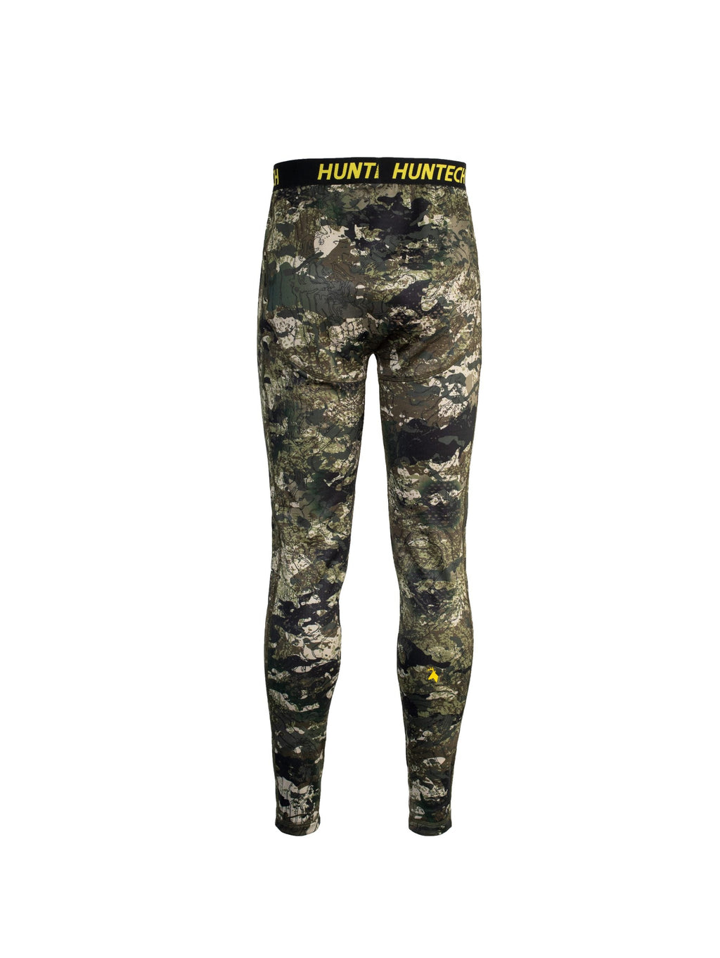 Back view of men’s snug fit leggings for layering. Easy care highly technical thermal base layer comprising 230 gsm, 94% Recycled Polyester / 6% Spandex fabric, with flat locked seams to minimise skin irritation and articulated panels for performance. Features black elastic waist band with Huntech logo in yellow and Huntech stags head logo in yellow on back of right calf. Ships from Australia and shown in kakariki camo pattern.