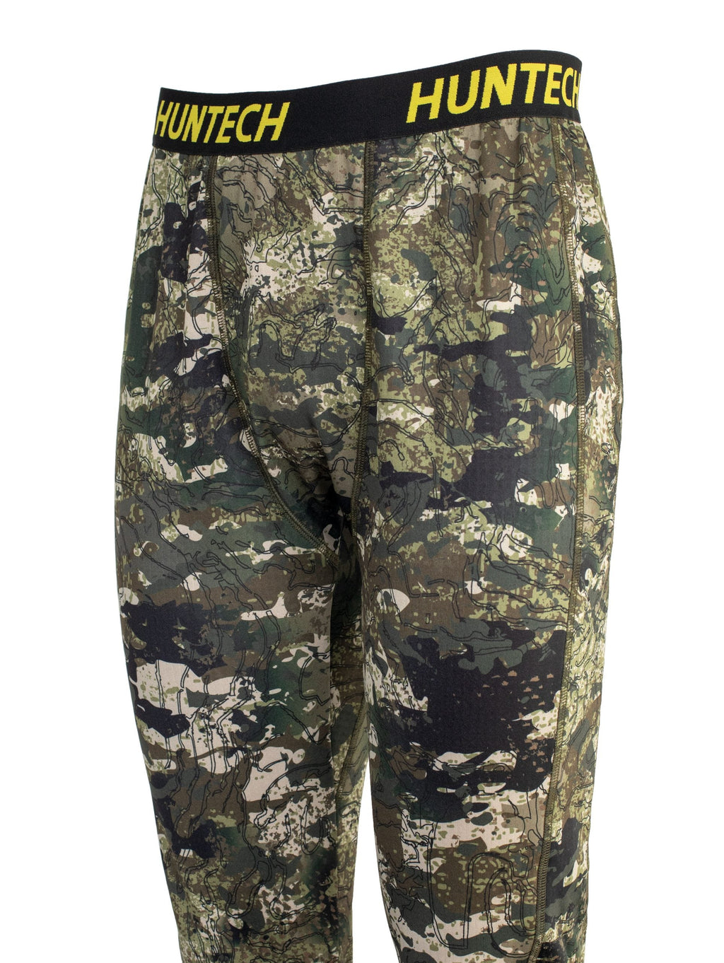 Close up of front three quarter view showing articulated panels and the black elastic waist band with the Huntech logo in yellow. Also shows articulated panels for performance.