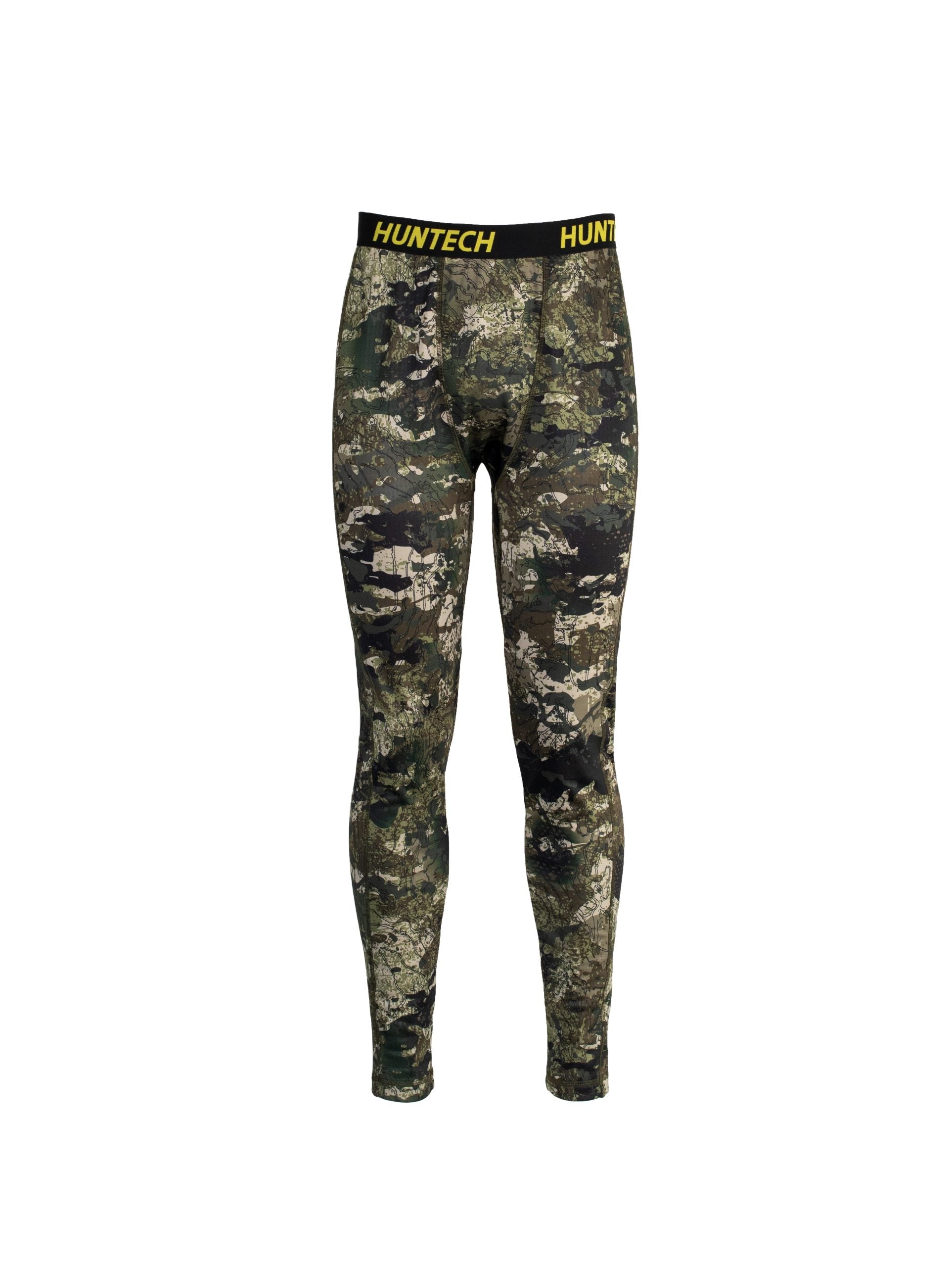 Front view of men’s snug fit leggings for layering. Easy care highly technical thermal base layer comprising 230 gsm, 94% Recycled Polyester / 6% Spandex fabric, with flat locked seams to minimise skin irritation and articulated panels for performance. Features black elastic waist band with Huntech logo in yellow. Ships from Australia and shown in kakariki camo pattern.