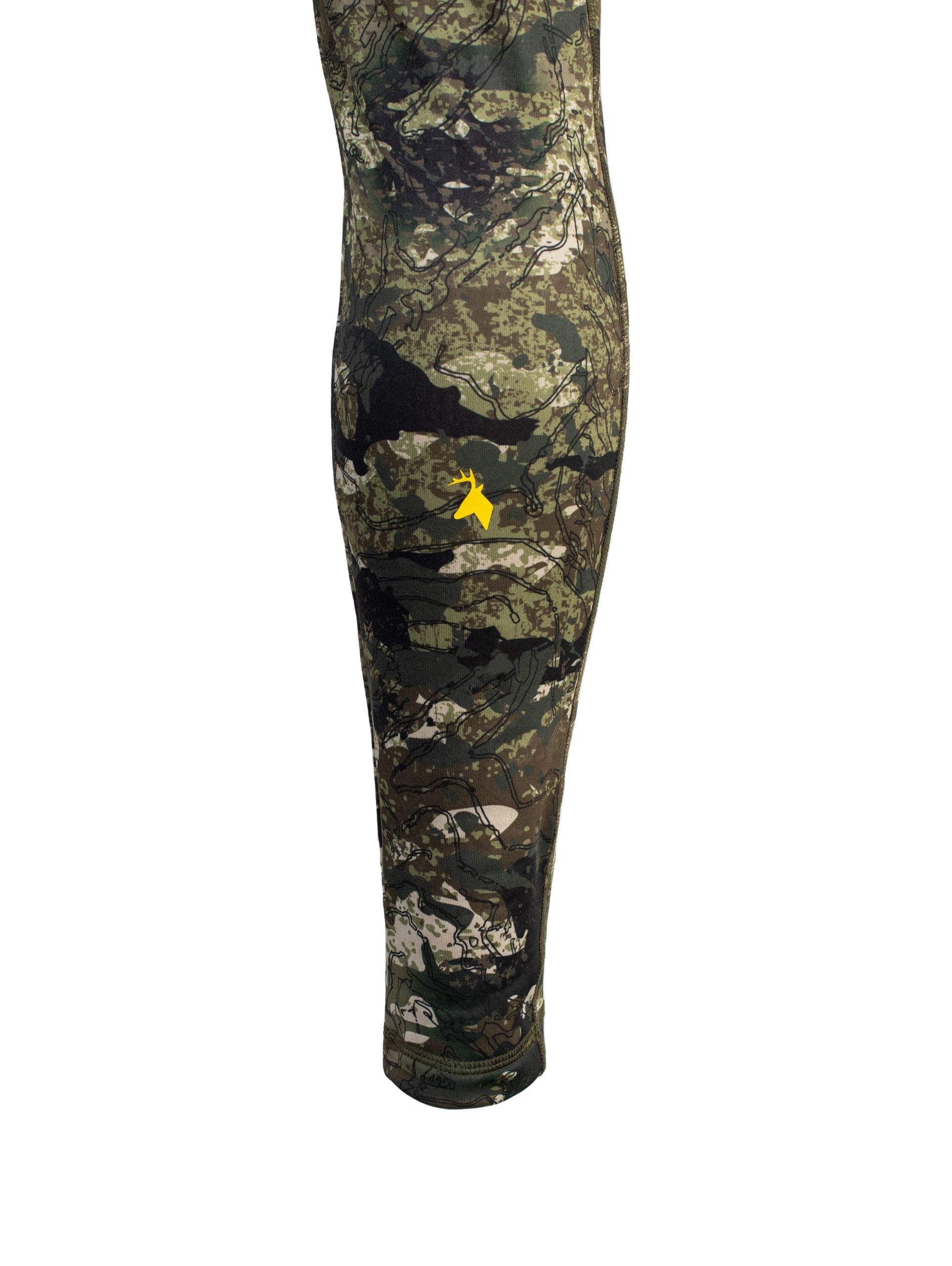 Close up of Huntech stags head logo on back of right calf in yellow. Shown on Kakariki camo pattern.