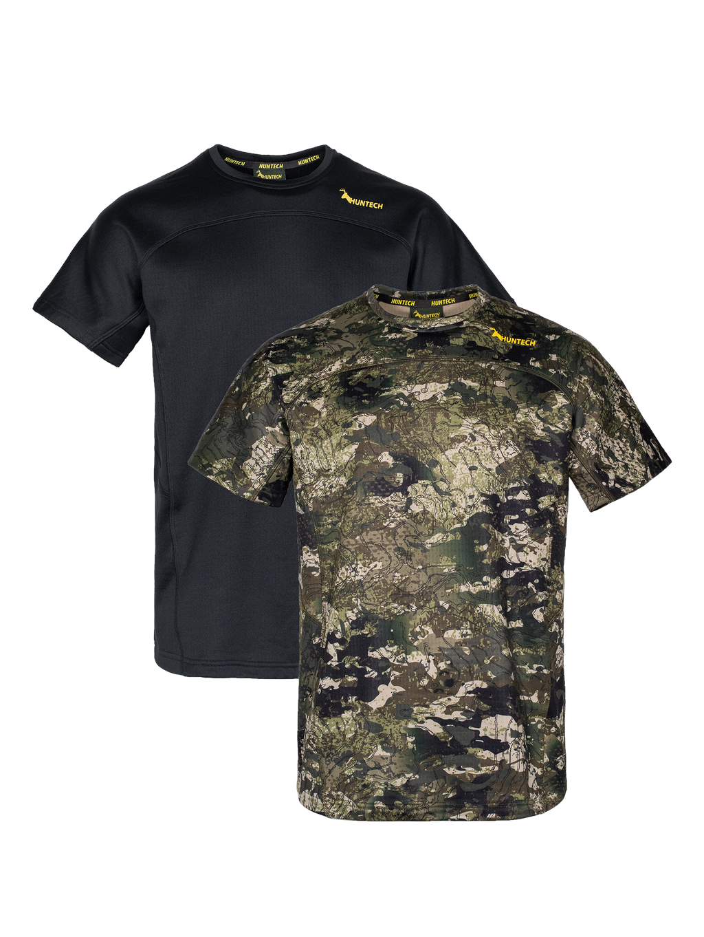 Two men’s snug fit short-sleeved thermal top for layering. Easy care highly technical thermal base layer comprising 230 gsm, 94% Recycled Polyester / 6% Spandex fabric, with flat locked seams to minimise skin irritation and articulated panels for performance. Features Huntech logo in yellow on yoke just below shoulder line. Ships from Australia and shown in black on the left and kakariki camo pattern on the right.