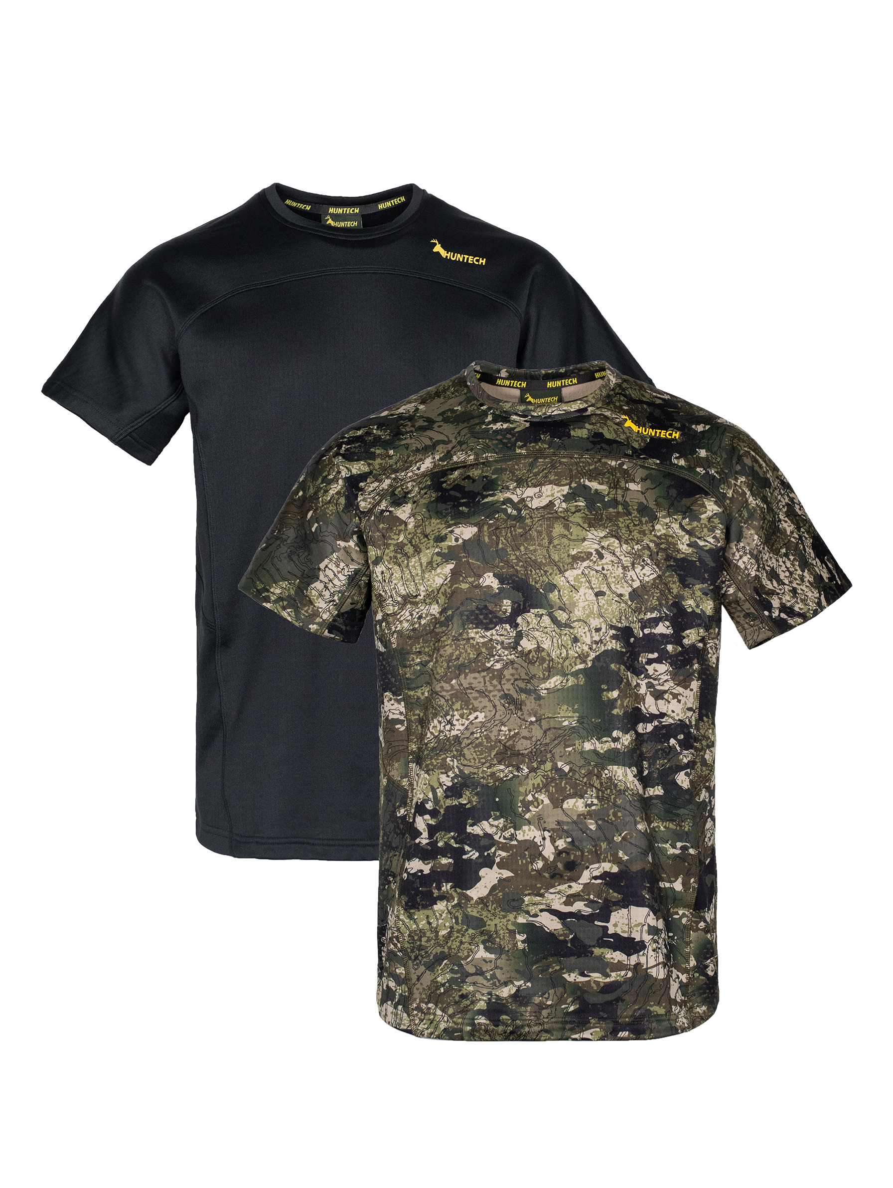 Two men’s snug fit short-sleeved thermal top for layering. Easy care highly technical thermal base layer comprising 230 gsm, 94% Recycled Polyester / 6% Spandex fabric, with flat locked seams to minimise skin irritation and articulated panels for performance. Features Huntech logo in yellow on yoke just below shoulder line. Ships from Australia and shown in black on the left and kakariki camo pattern on the right.