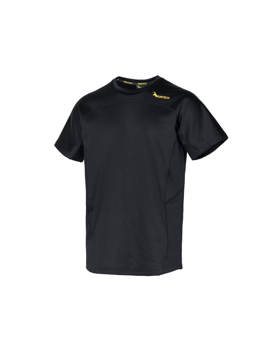 Three quarter front view of men’s snug fit short-sleeved thermal top for layering. Easy care highly technical thermal base layer comprising 230 gsm, 94% Recycled Polyester / 6% Spandex fabric, with flat locked seams to minimise skin irritation and articulated panels for performance. Features Huntech logo in yellow on yoke just below shoulder line. Ships from Australia and shown in black.