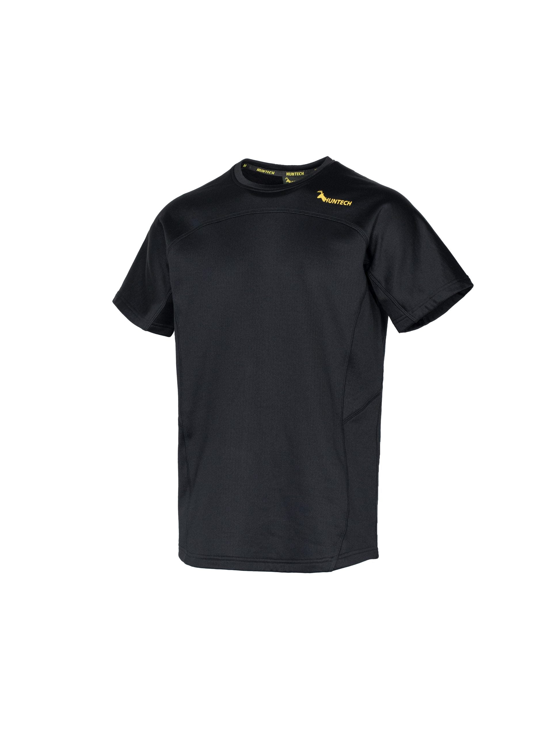 Three quarter front view of men’s snug fit short-sleeved thermal top for layering. Easy care highly technical thermal base layer comprising 230 gsm, 94% Recycled Polyester / 6% Spandex fabric, with flat locked seams to minimise skin irritation and articulated panels for performance. Features Huntech logo in yellow on yoke just below shoulder line. Ships from Australia and shown in black.