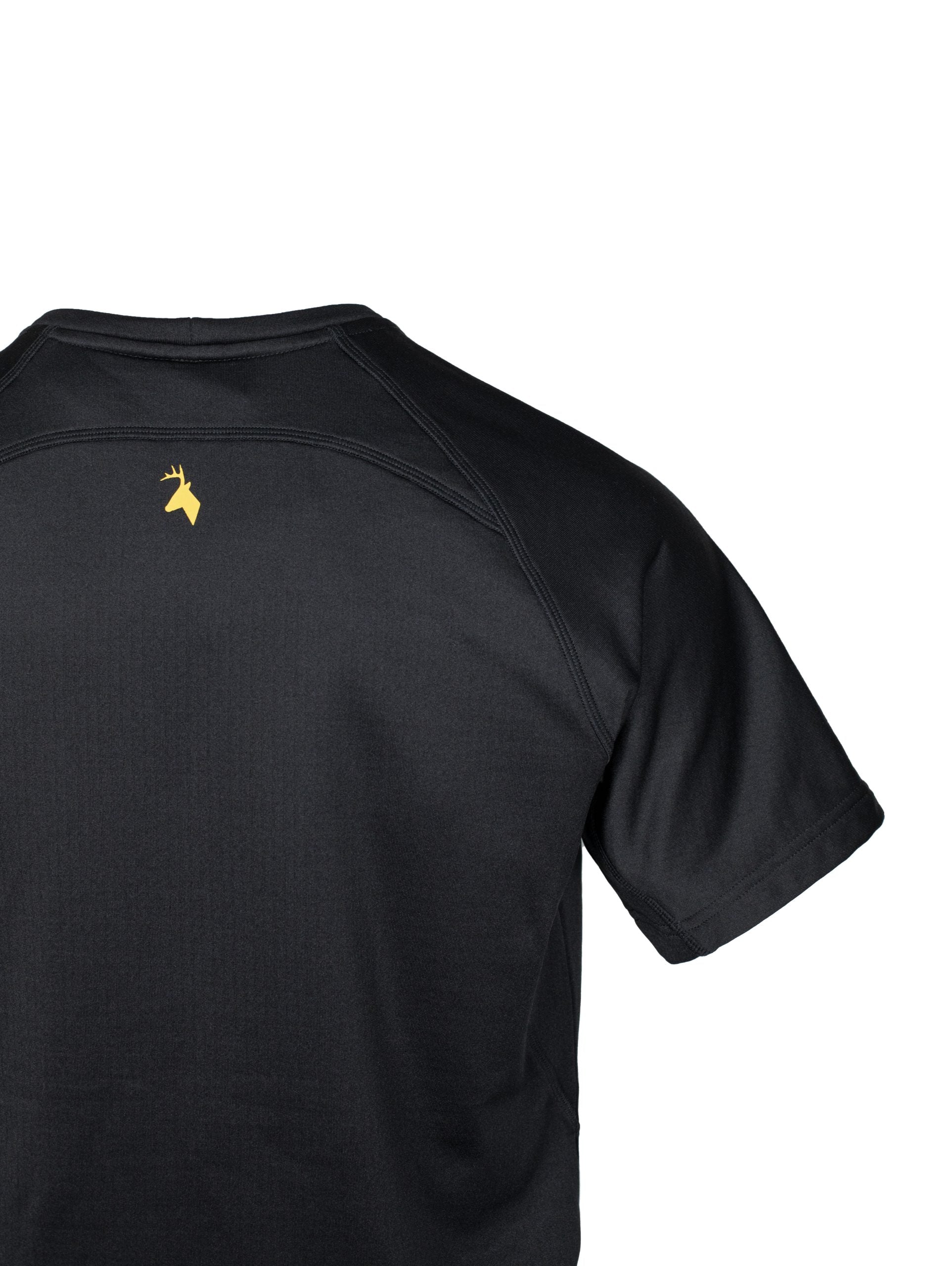Close up of Huntech stags head yellow logo on centre back of shirt just below neck line. Shirt is shown in black.