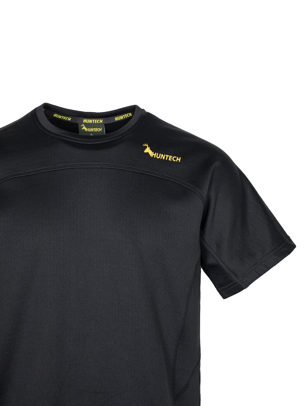 Close up of Huntech logo in yellow on left hand side of yoke just below shoulder line. Top is in black.