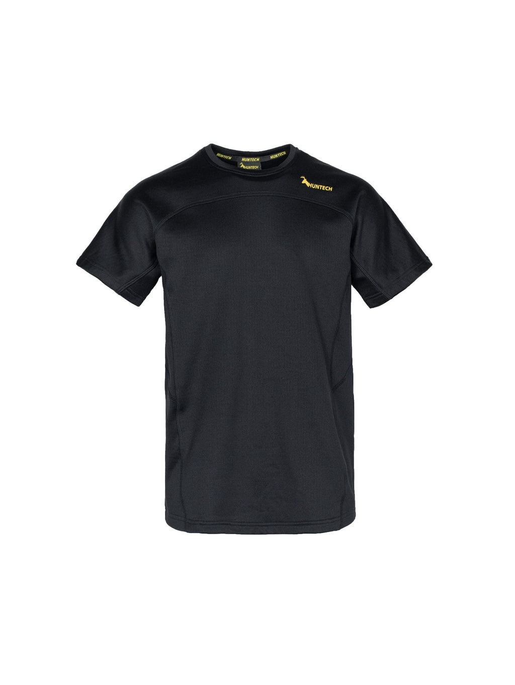 Front view of men’s snug fit short-sleeved thermal top for layering. Easy care highly technical thermal base layer comprising 230 gsm, 94% Recycled Polyester / 6% Spandex fabric, with flat locked seams to minimise skin irritation and articulated panels for performance. Features Huntech logo in yellow on yoke just below shoulder line. Ships from Australia and shown in black.