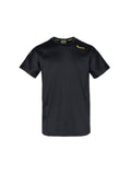 Front view of men’s snug fit short-sleeved thermal top for layering. Easy care highly technical thermal base layer comprising 230 gsm, 94% Recycled Polyester / 6% Spandex fabric, with flat locked seams to minimise skin irritation and articulated panels for performance. Features Huntech logo in yellow on yoke just below shoulder line. Ships from Australia and shown in black.