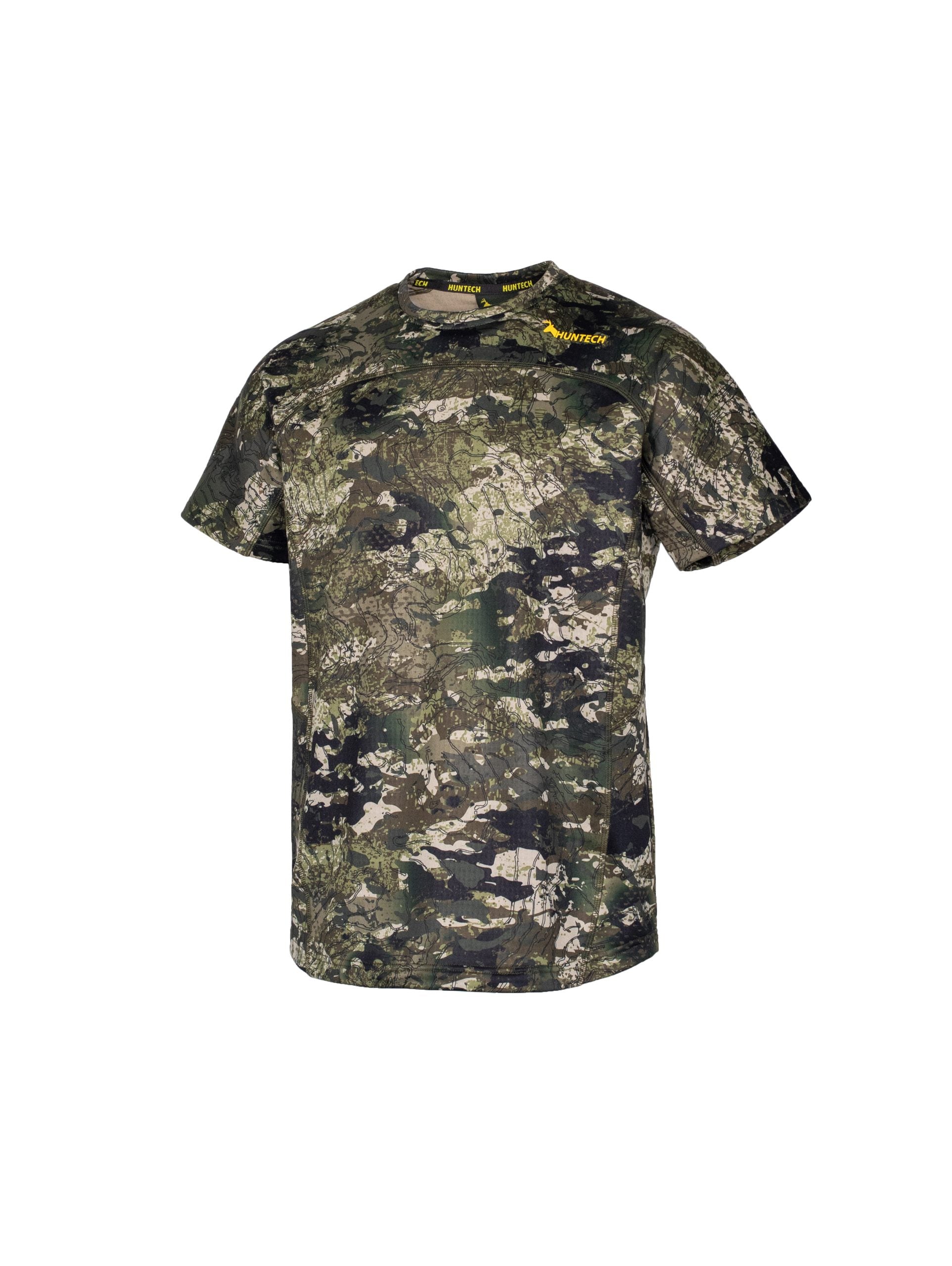 Three quarter front view of men’s snug fit short-sleeved thermal top for layering. Easy care highly technical thermal base layer comprising 230 gsm, 94% Recycled Polyester / 6% Spandex fabric, with flat locked seams to minimise skin irritation and articulated panels for performance. Features Huntech logo in yellow on yoke just below shoulder line. Ships from Australia and shown in kakariki camo pattern.