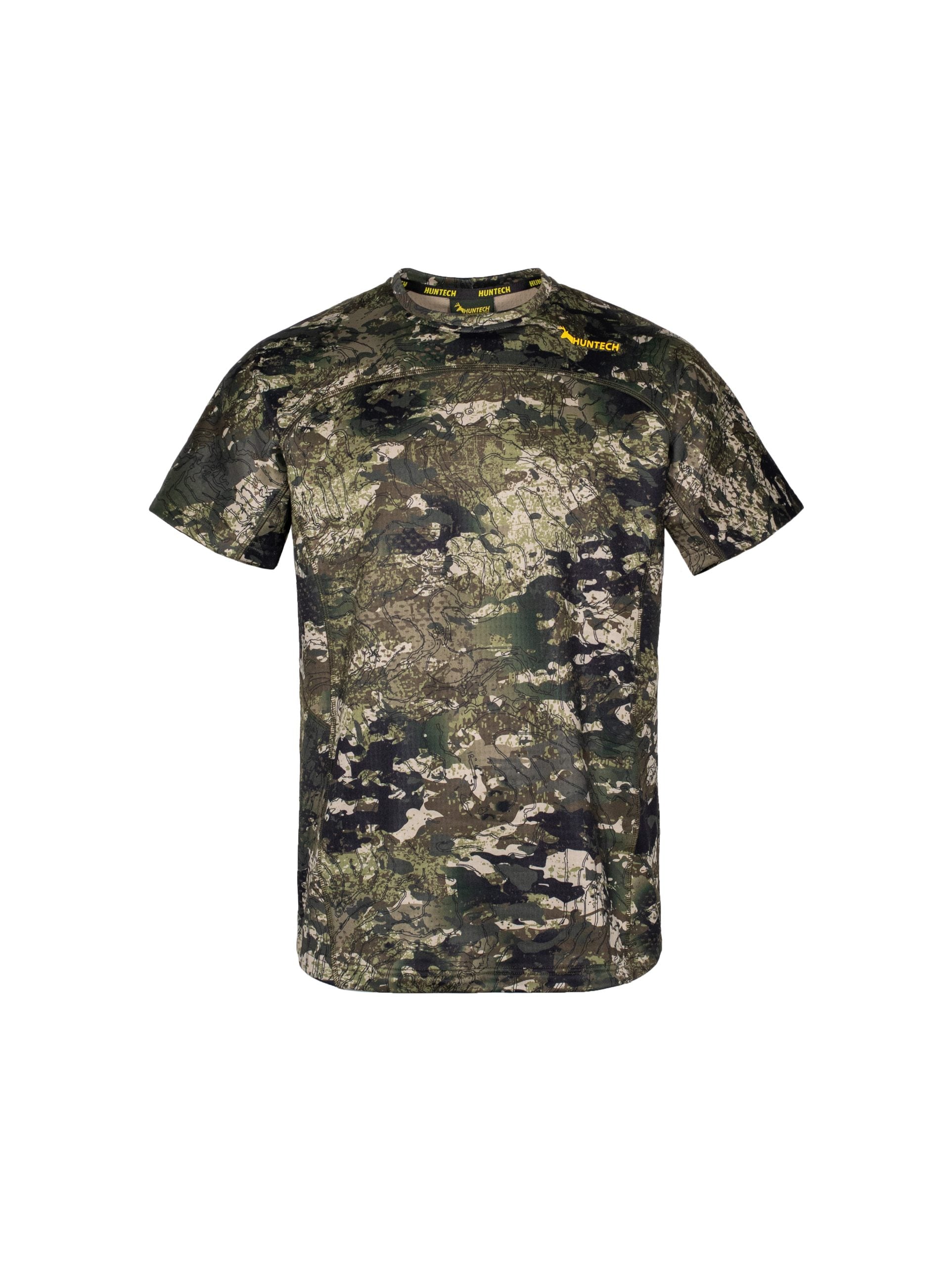 Front view of men’s snug fit short-sleeved thermal top for layering. Easy care highly technical thermal base layer comprising 230 gsm, 94% Recycled Polyester / 6% Spandex fabric, with flat locked seams to minimise skin irritation and articulated panels for performance. Features Huntech logo in yellow on yoke just below shoulder line. Ships from Australia and shown in kakariki camo pattern.