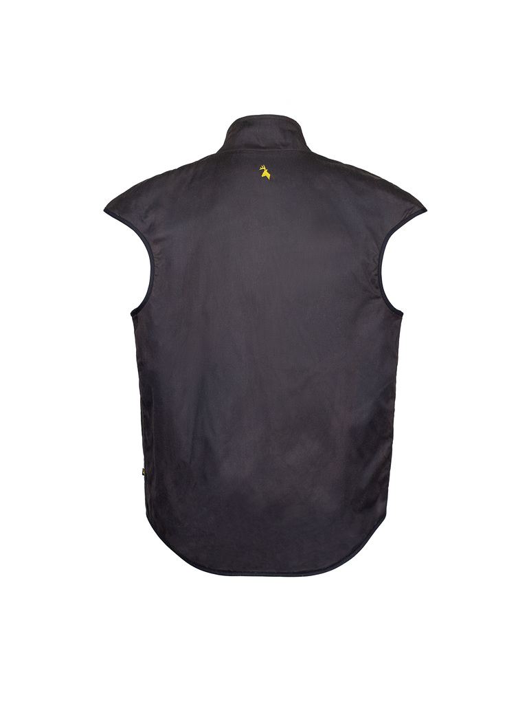 Back view of oilskin vest with Huntech stags head logo in bright yellow centered just below the collar.