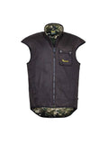 Front view of men’s zip-up oilskin vest with, fleece lining, chest pocket which features the Huntech logo in bright yellow and a dome closure, and a high tapered turtleneck. Designed with a super long tail, added shoulder width and collar height it’s offers protection when hauling out an animal on your back and has side pockets. Shown with kakariki camo lining, this vest ships from Australia.