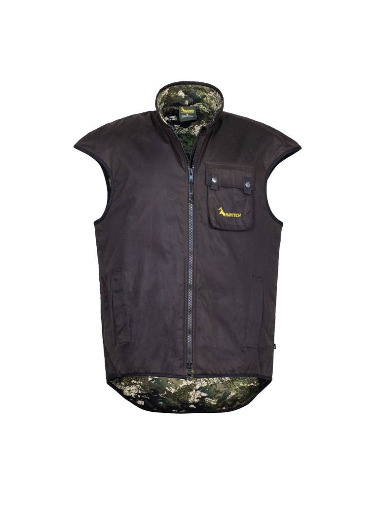 Front view of men’s zip-up oilskin vest with, fleece lining, chest pocket which features the Huntech logo in bright yellow and a dome closure, and a high tapered turtleneck. Designed with a super long tail, added shoulder width and collar height it’s offers protection when hauling out an animal on your back and has side pockets. Shown with kakariki camo lining, this vest ships from Australia.