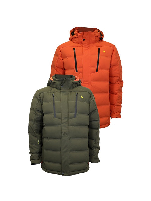 Front view of two men’s puffer jacket in a stretch polyester with welded baffles, and zippered chest pockets. Shown here on the left in military green and the right in bright orange with the Huntech stags head logo in bright yellow on the left breast, this product ships from Australia.
