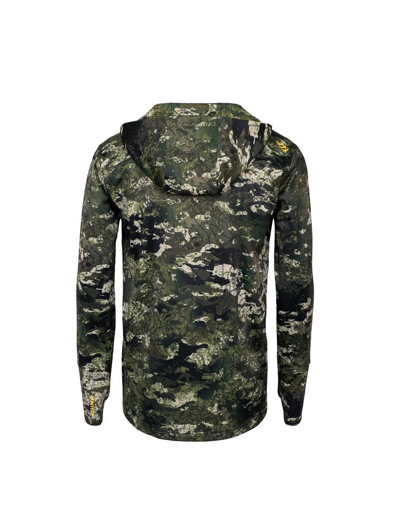 Back view of men’s mid-weight hoodie in 97% microform fleece blend. Comes with elastic stretch cuffs with thumb hole and a hood and neckline fully lined in camo. Ships from Australia and shown here in kakariki camo pattern.