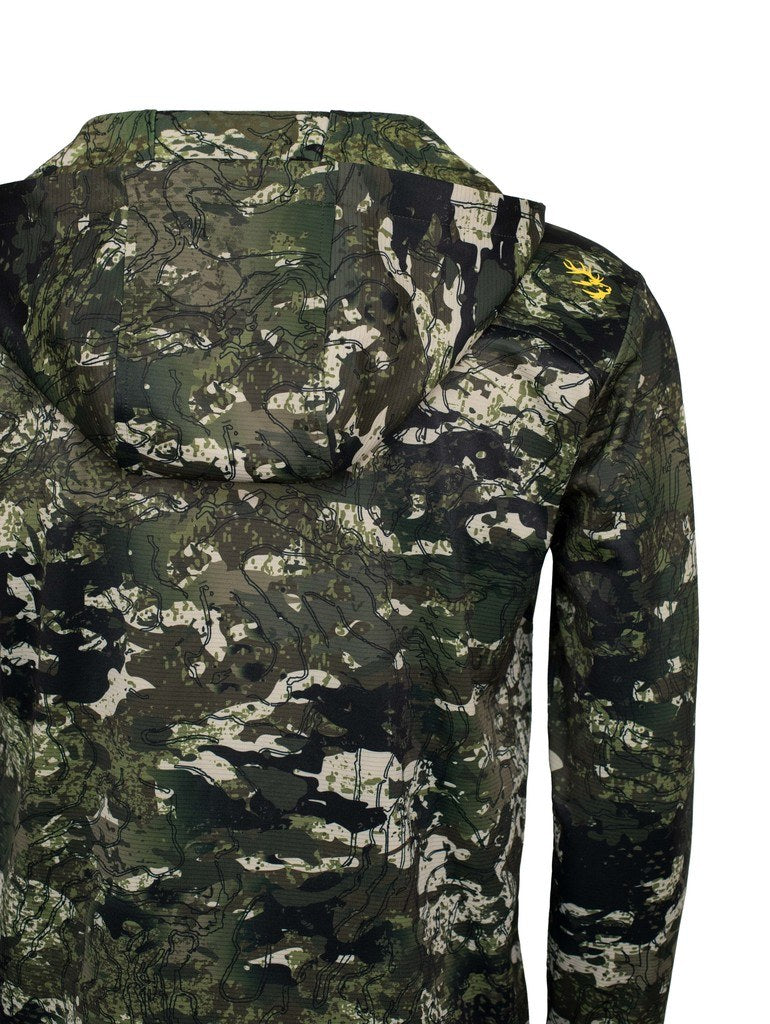 Close up view of hood of men’s mid-weight hoodie in 97% microform fleece blend. Shown here in kakariki camo pattern.