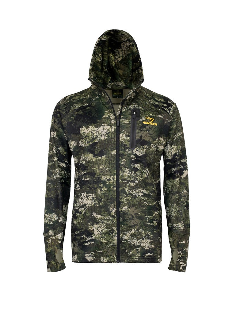 Front view of men’s mid-weight hoodie with hood up in 97% microform fleece blend. Comes with elastic stretch cuffs with thumb hole and a hood and neckline fully lined in camo. Full zip front, large side pockets and a chest pocket. Ships from Australia and shown here in kakariki camo pattern with Huntech logo in bright yellow on left breast.