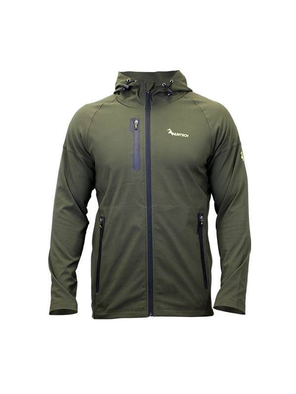 Front view of men’s trail jacket in lightweight four-way stretch Duraflex fabric with a front zip closure, a zipped breast pocket and zippered side pockets. Ships from Australia and shown here in military green with a Huntech logo in bright yellow on the left breast and left upper sleeve.