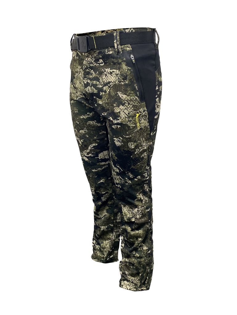 Three quarter front view of men’s trail pants in hardwearing Duraflex fabric with zippered pocket, adjusters at waist, a flexible elastine gusset and a woven belt. Ships from Australia and shown here in kakariki camo pattern with a Huntech logo in bright yellow at thigh height on the left-hand leg.